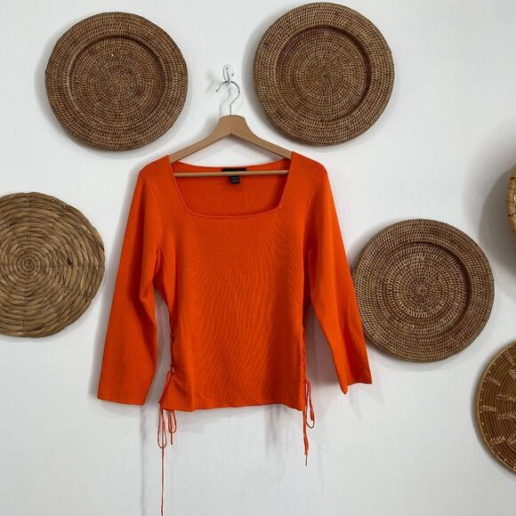 Y2K 2000s Cable & Gauge Orange Side Cinched Ruched Square Neck Knit Sweater L - Picture 1 of 7